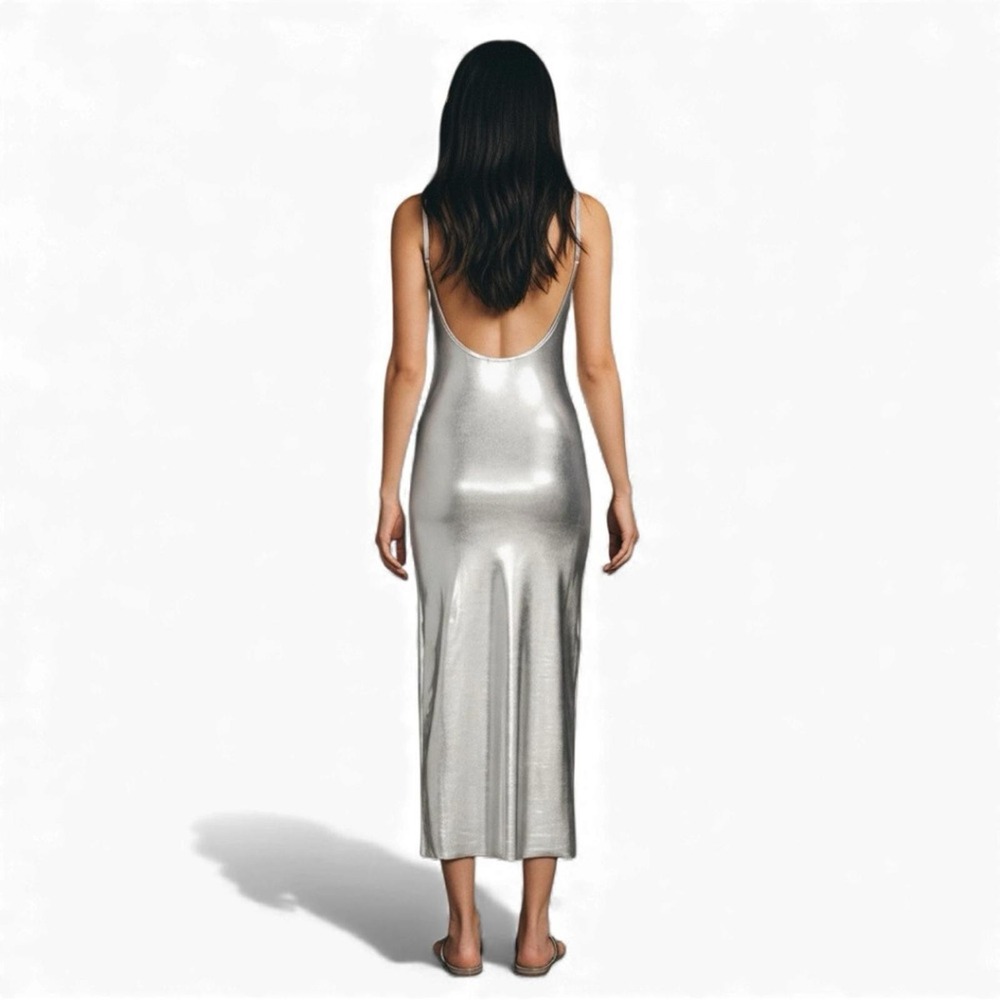 NWT WeWoreWhat Midi Dress Metallic Silver Bodycon Fitted Sculpted Shimmer S - Picture 4 of 9